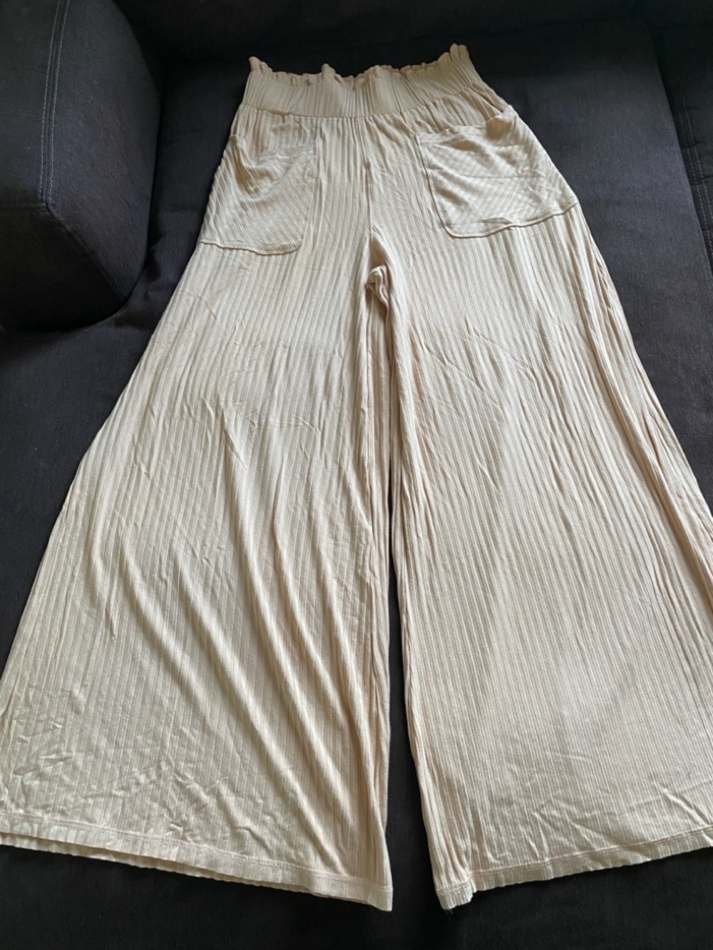 Wide-Leg Ribbed High Waist Pants in Tan Free People